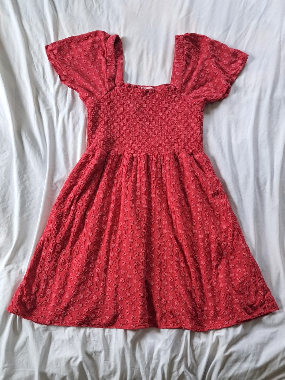 Madewell Eyelet Lucie Smocked Mini Dress In Americana Red